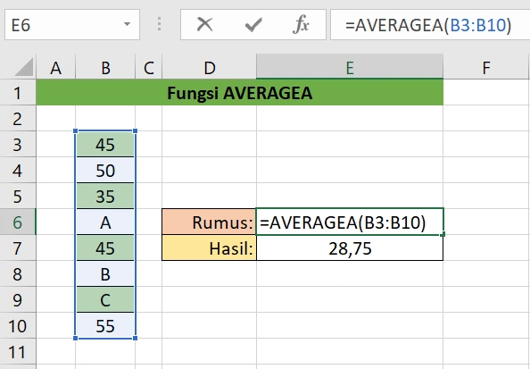 Cara Menghitung Rata-rata di Excel dengan AVERAGEA