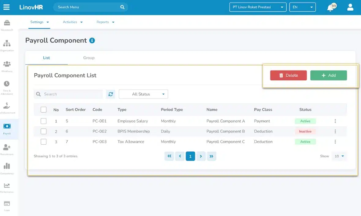 komponen payroll pada dashboard software LinovHR